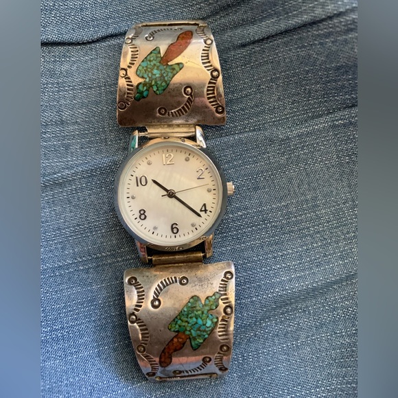 Jewelry - Navajo Sterling Silver Turquoise Chip Inlay Peyote Bird Watch Band Pieces